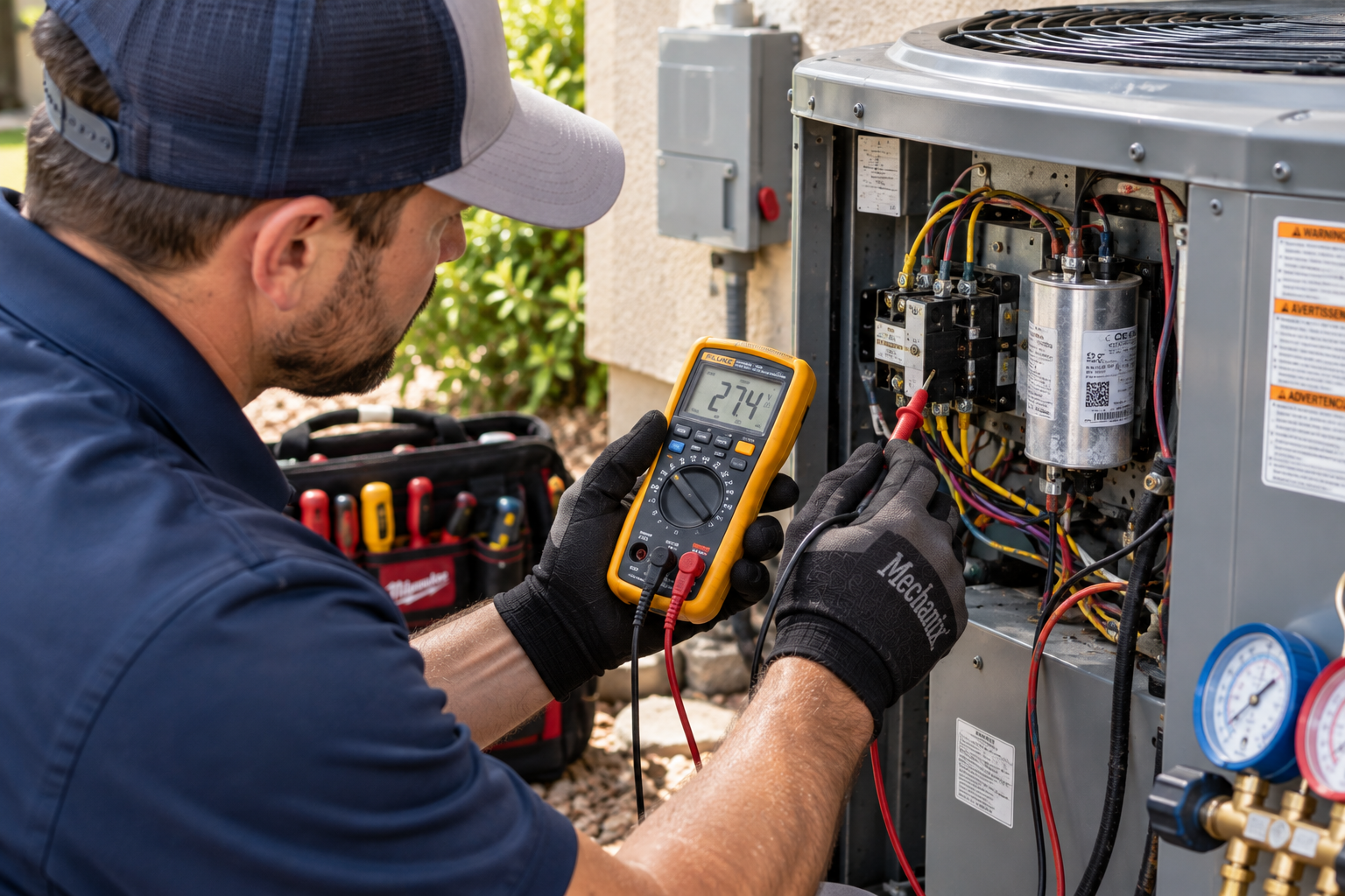 AC repair services in Central Valley technician inspecting an outdoor condenser.