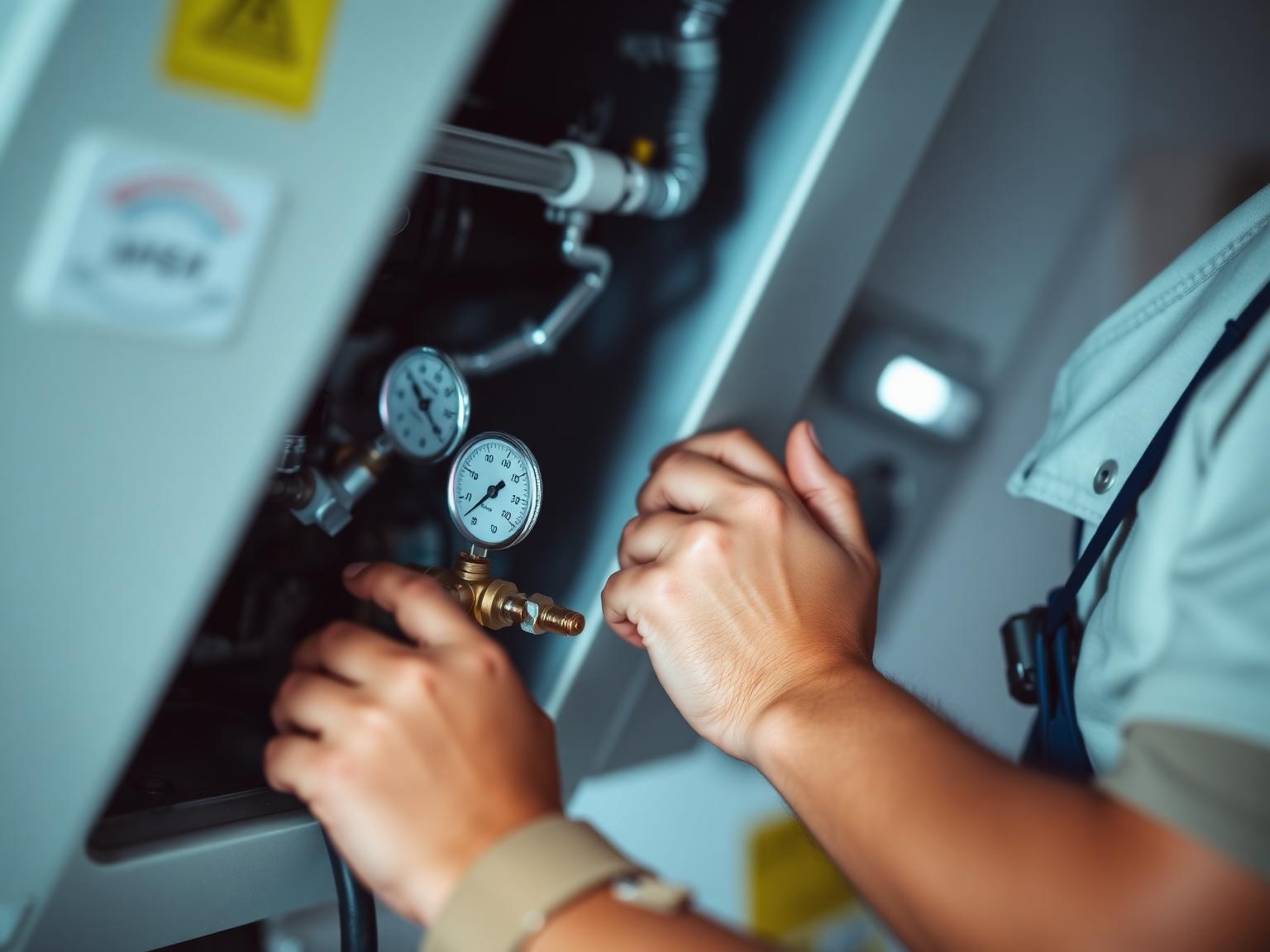 Technician diagnosing an air conditioner with refrigerant gauges during an AC repair