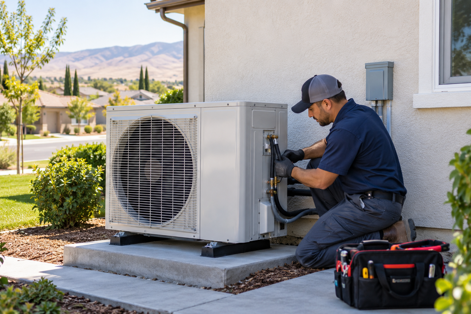 Heat pump installers in Central Valley inspecting an outdoor residential heat pump unit.