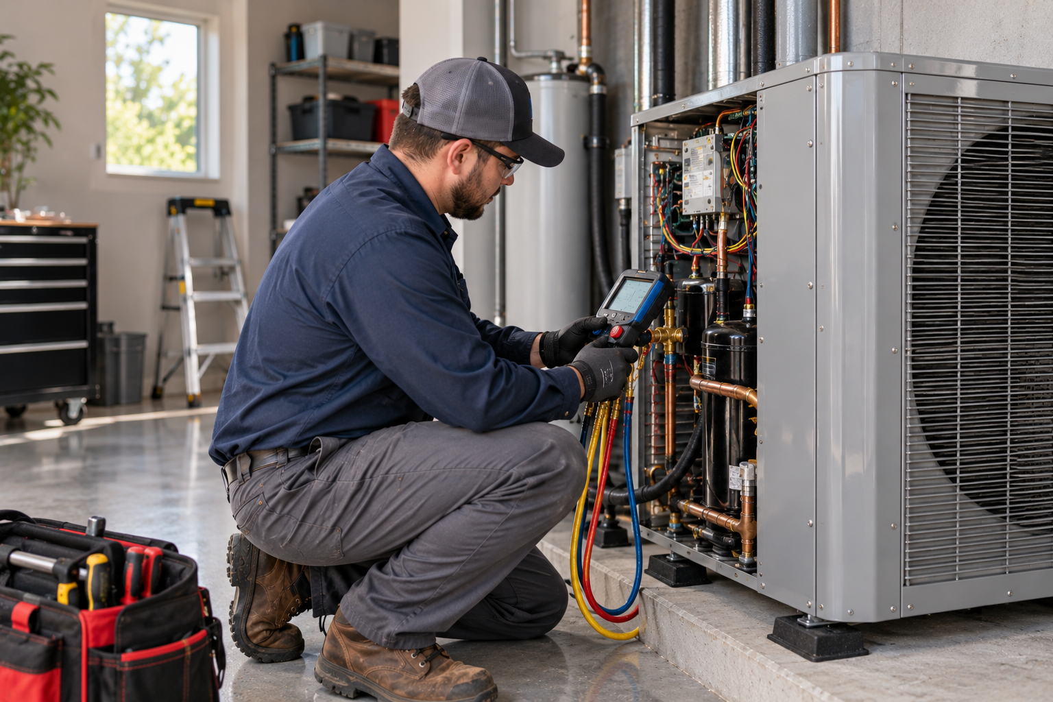 Technician performing professional heat pump maintenance for heat pump services in Central Valley.