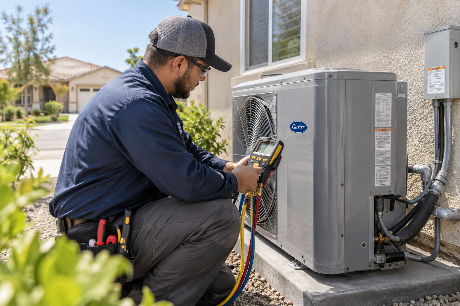 Professional technician providing heat pump services in Central Valley during residential heat pump maintenance.