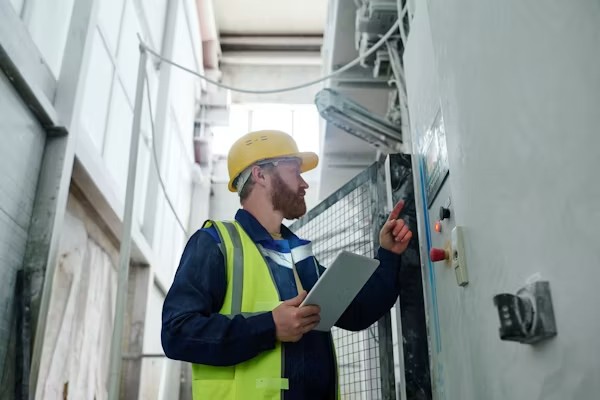 Heating and cooling services in Central Valley technician inspecting an HVAC system.