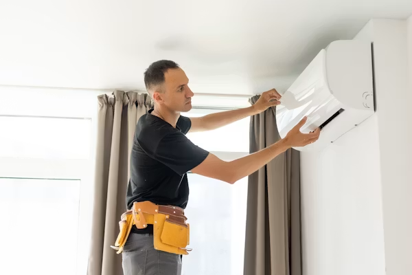 Technician cleaning a ductless mini split outdoor coil at a Kerman property