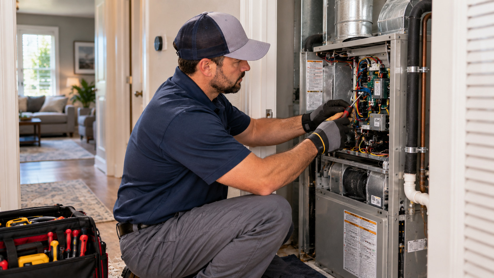 Air conditioning repair in Central Valley with an HVAC technician diagnosing a residential AC unit.