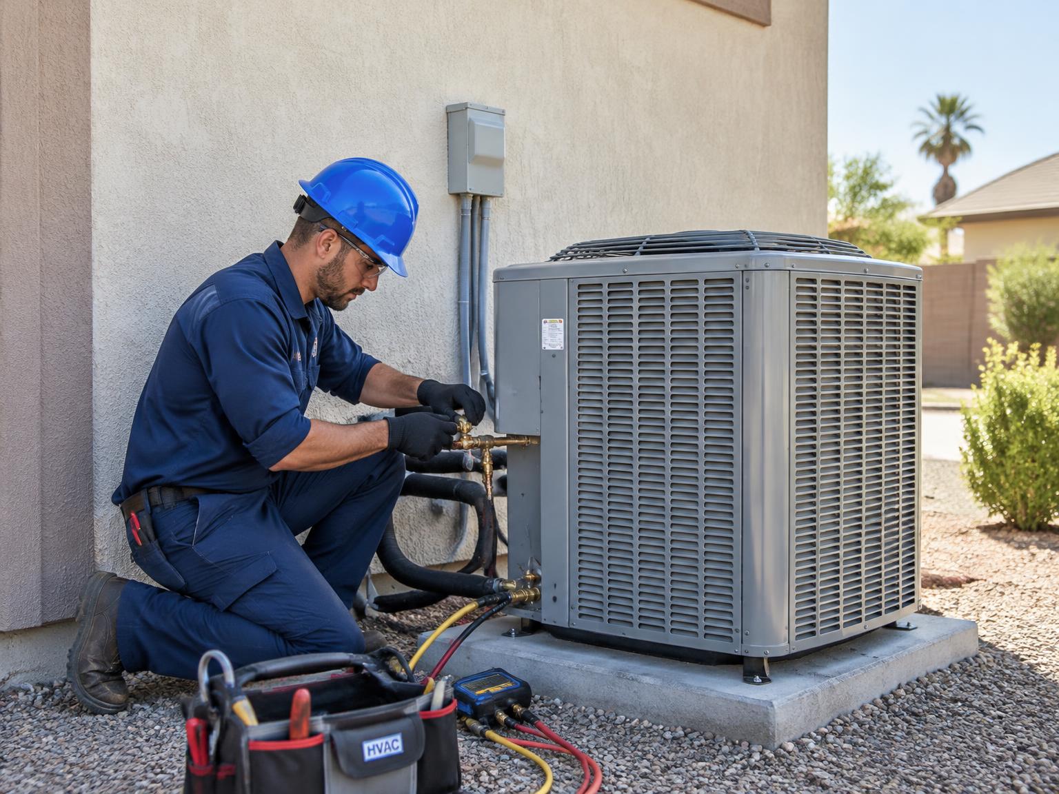 Technicians installing a new air conditioning condenser at a Fresno home