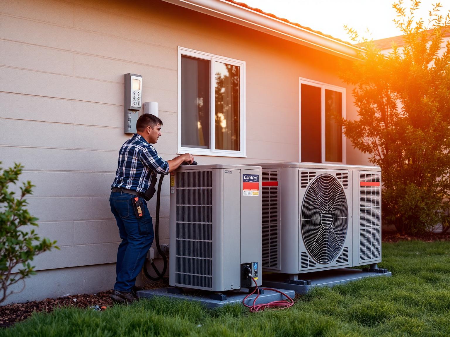 A&G technician servicing a residential air conditioning condenser at a Central Valley home