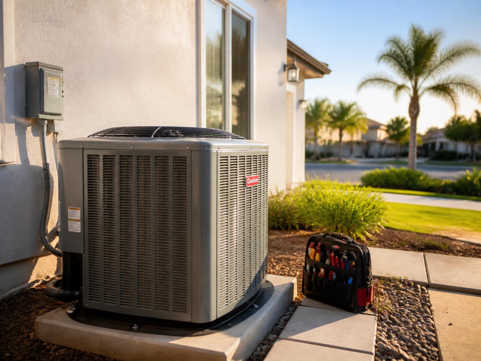 Residential HVAC condenser unit installed outside a Central Valley home