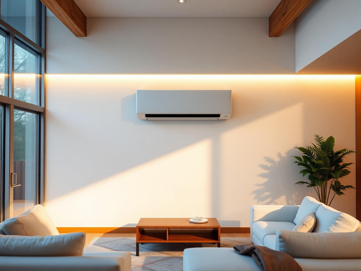 Ductless mini split wall unit mounted in a bright modern Central Valley living room