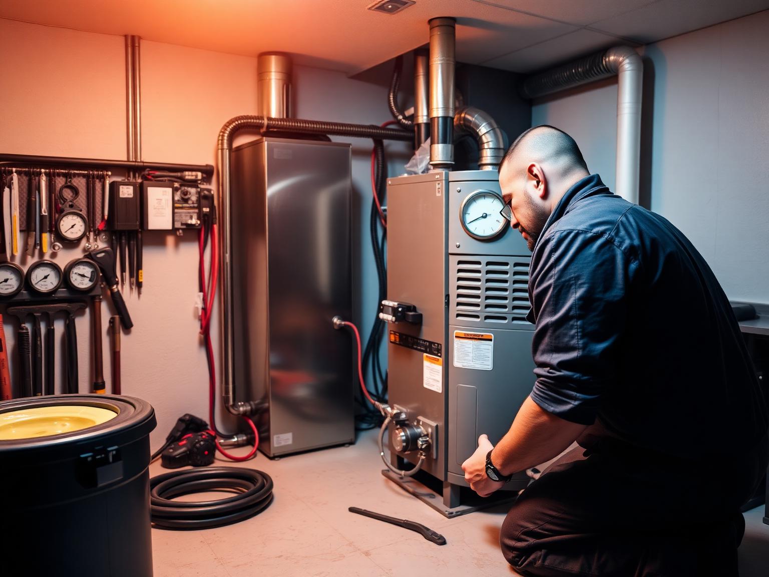 HVAC technician repairing a residential gas furnace in a Central Valley home