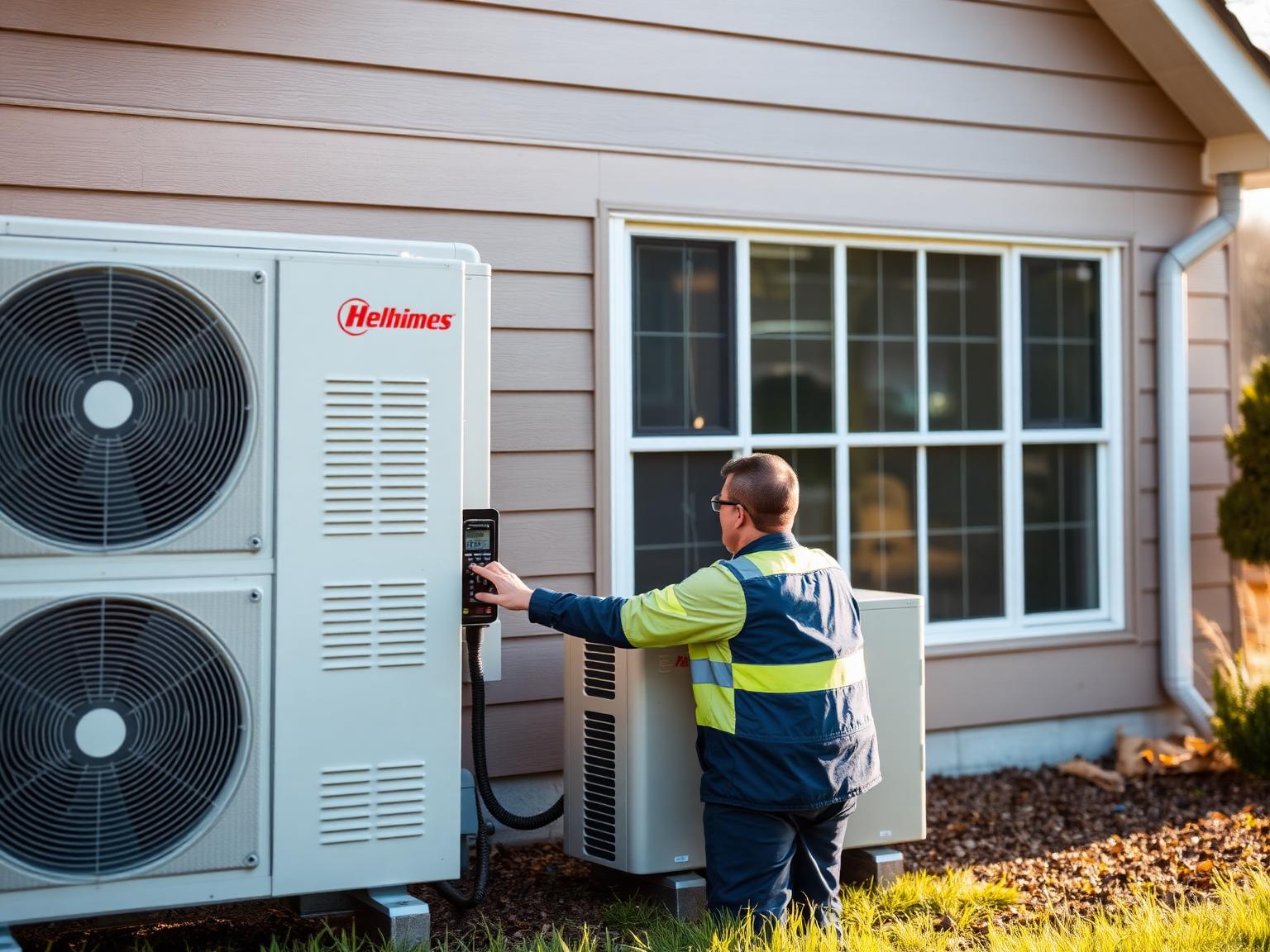 Technician checking a residential heat pump system outside a Central Valley home