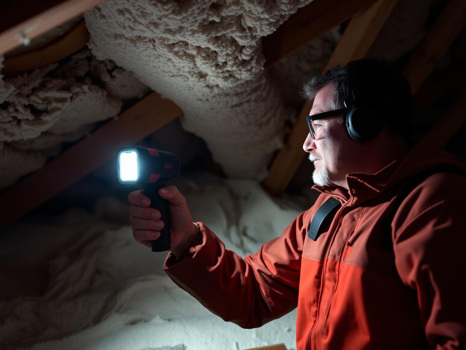 Energy auditor inspecting attic insulation during a Central Valley home energy audit